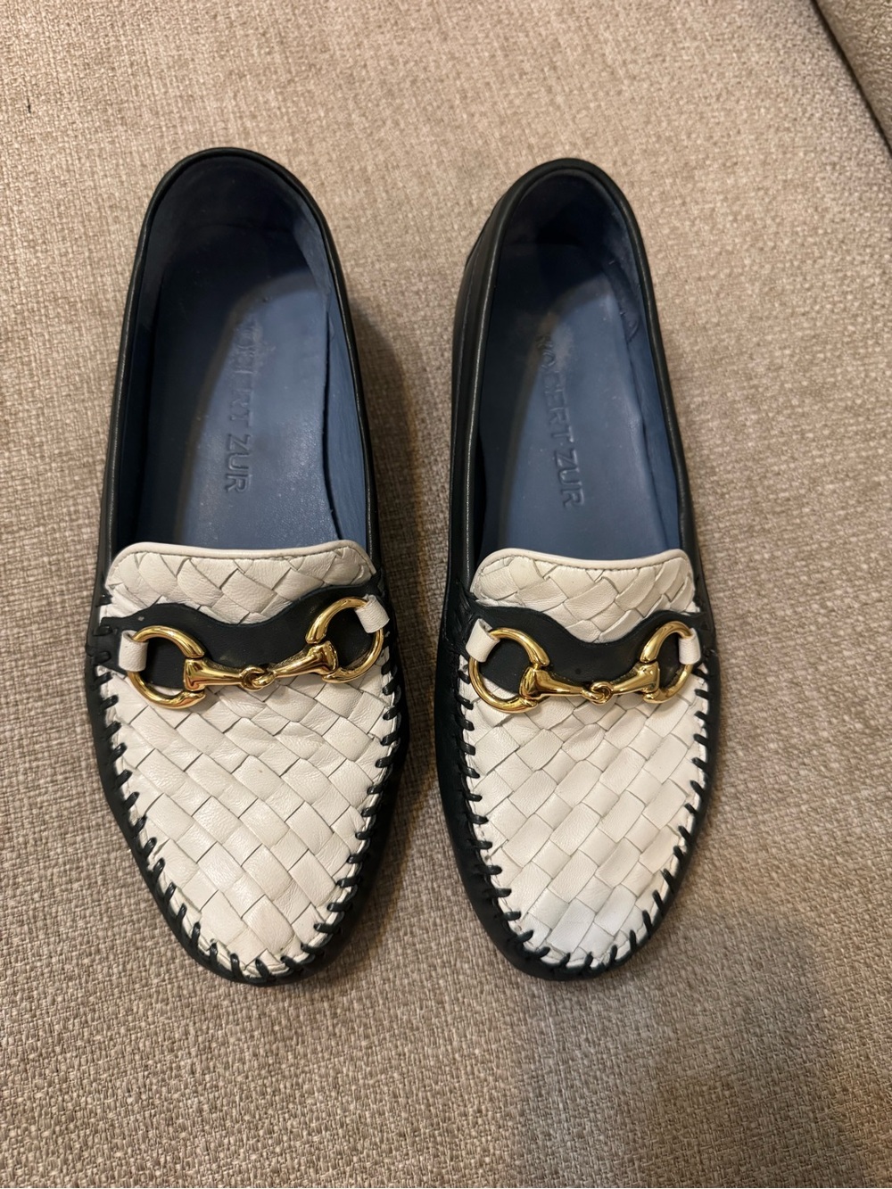 Robert Zur Blue and White Woven Leather Loafers with Gold Hardware